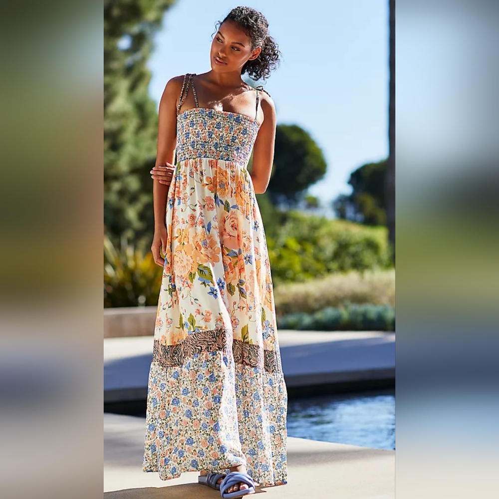 Maaji Smocked Floral Garden Picnic Vacation Maxi Dress